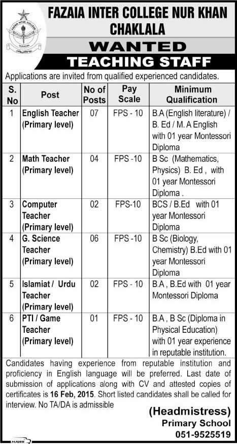 Fazaia Inter College Nur Khan Rawalpindi Jobs 2015 February Teaching ...